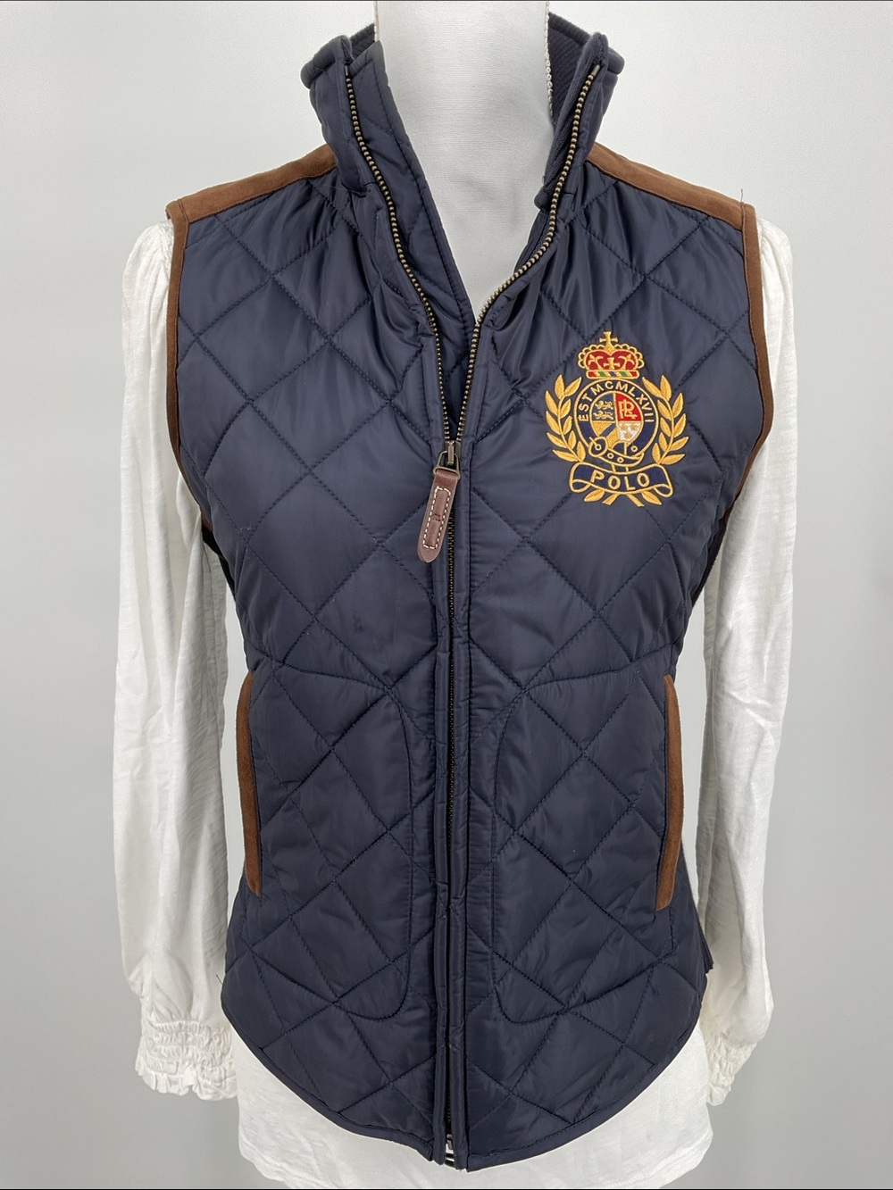 Polo Ralph Lauren Crest Quilted Vest Navy Lamb Suede Trim Equestrian Size Small - Picture 5 of 16